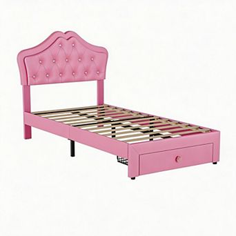 Twin Bed Frame with Velvet Crystal Button Headboard, No Box Spring Needed for Kids, Teens