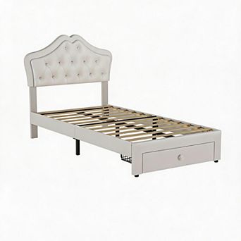Twin Bed Frame with Velvet Crystal Button Headboard, No Box Spring Needed for Kids, Teens