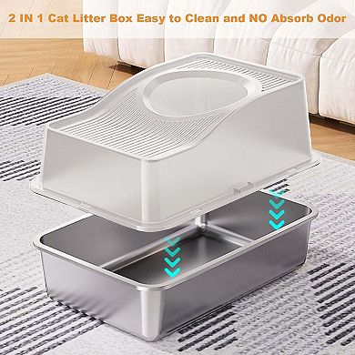 Stainless Steel Cat Litter Box, High-Sided Enclosed with Top Entry, Odor Control Anti-Leakage, White
