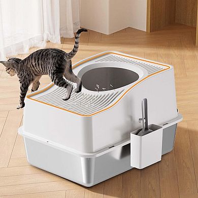 Stainless Steel Cat Litter Box, High-Sided Enclosed with Top Entry, Odor Control Anti-Leakage, White
