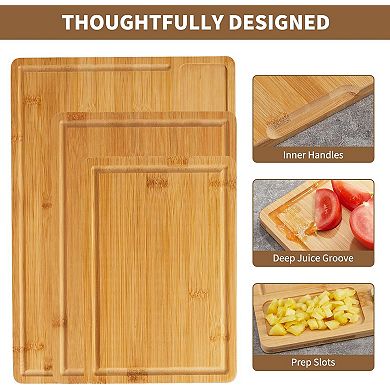 Cutting Board Set of 3, Kitchen Chopping Boards with Deep Juice Grooves & Handles
