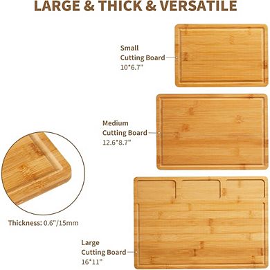 Cutting Board Set of 3, Kitchen Chopping Boards with Deep Juice Grooves & Handles
