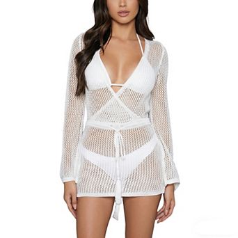 Women's Crochet Knit Cover Up Dress Long Sleeve V-Neck Tie Waist Beach Cover Up for Swimwear