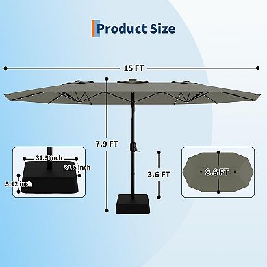 15FT Rectangular Patio Umbrella with Solar Lights for Outdoor Backyard, Base Included