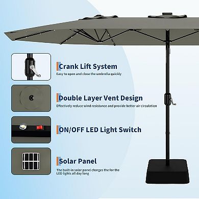15FT Rectangular Patio Umbrella with Solar Lights for Outdoor Backyard, Base Included