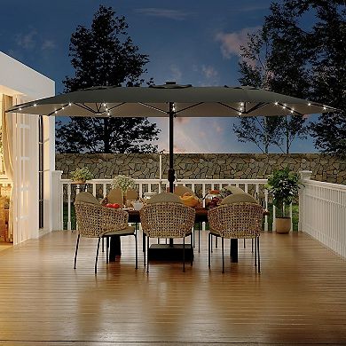 15FT Rectangular Patio Umbrella with Solar Lights for Outdoor Backyard, Base Included