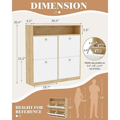 Shoe Cabinet with 4 Flip-Down Doors, Hidden Wooden Shoe Storage Organizer