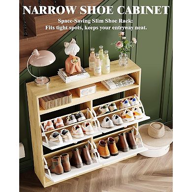 Shoe Cabinet with 4 Flip-Down Doors, Hidden Wooden Shoe Storage Organizer