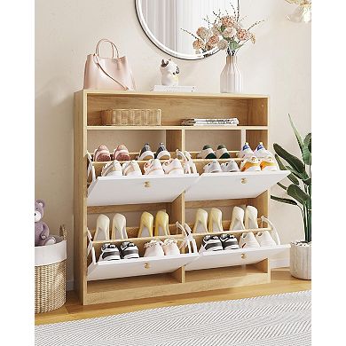 Shoe Cabinet with 4 Flip-Down Doors, Hidden Wooden Shoe Storage Organizer