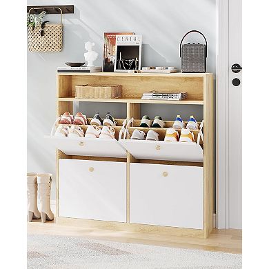 Shoe Cabinet with 4 Flip-Down Doors, Hidden Wooden Shoe Storage Organizer