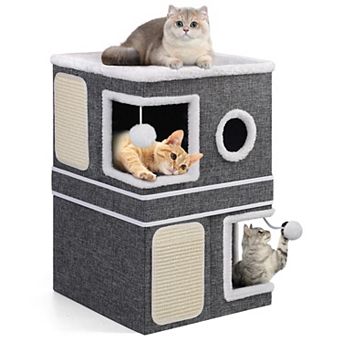 Cat Cave Bed Large Indoor Foldable House 30lbs Capacity Reversible Cushions All Seasons Grey