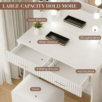 Makeup Vanity Table: Power Outlet, USB/Type-C, 2 Drawers, 6 Shelves, Stool