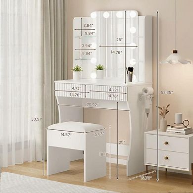 Makeup Vanity Table: Power Outlet, USB/Type-C, 2 Drawers, 6 Shelves, Stool