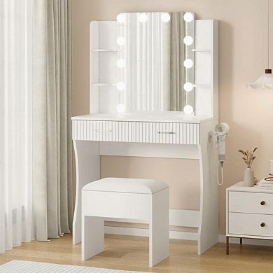 Makeup Vanity Table: Power Outlet, USB/Type-C, 2 Drawers, 6 Shelves, Stool