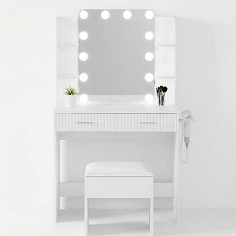 Makeup Vanity Table: Power Outlet, USB/Type-C, 2 Drawers, 6 Shelves, Stool