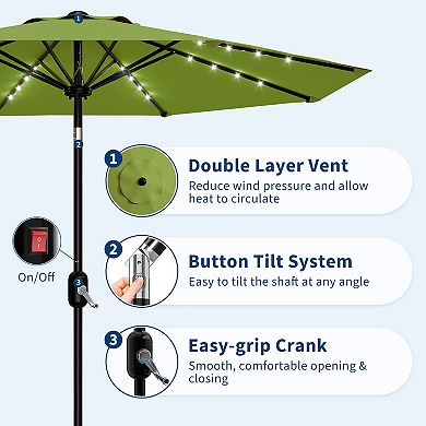 9 ft Solar LED Patio Umbrella, Tilt And Crank for Pool, Deck, Backyard