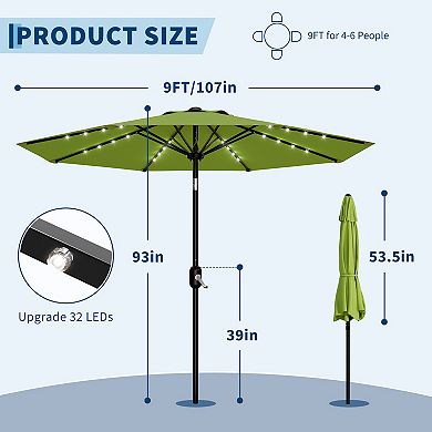 9 ft Solar LED Patio Umbrella, Tilt And Crank for Pool, Deck, Backyard