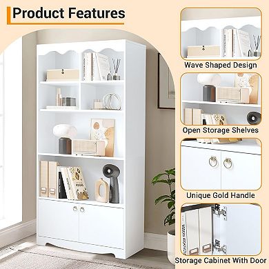 63 Inch Tall Bookcase, 5-Tier Bookshelf with Cabinet Doors, Modern Book Shelf