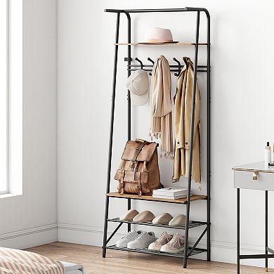 Coat Rack Shoe Bench with 5 Hooks, Hall Trees Entryway Bench with Storage