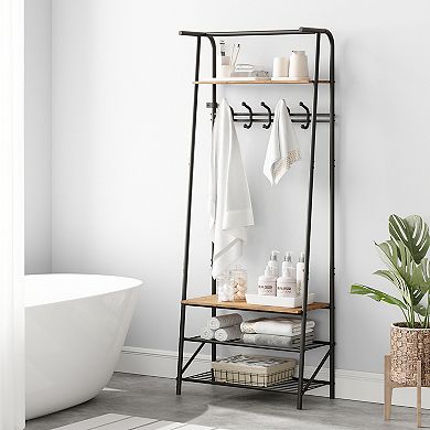 Coat Rack Shoe Bench with 5 Hooks, Hall Trees Entryway Bench with Storage