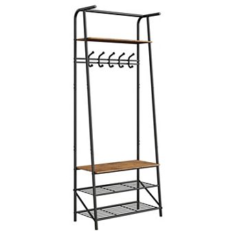 Coat Rack Shoe Bench with 5 Hooks, Hall Trees Entryway Bench with Storage