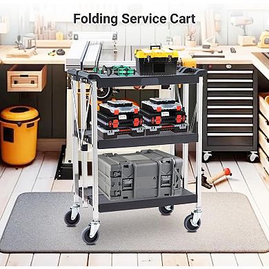 3-Tier Foldable Handcart, PP+Stainless Steel Heavy Duty Trolley with 4 Nylon Casters