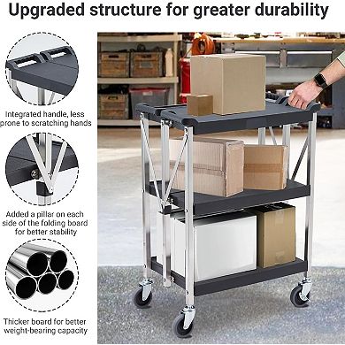 3-Tier Foldable Handcart, PP+Stainless Steel Heavy Duty Trolley with 4 Nylon Casters