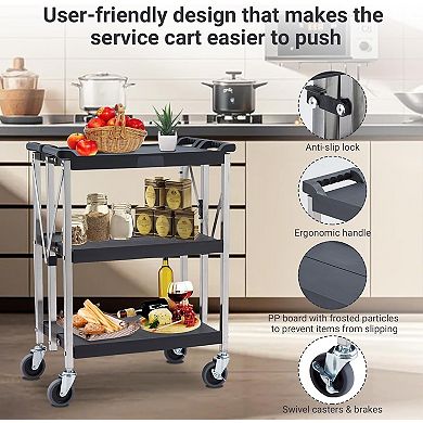 3-Tier Foldable Handcart, PP+Stainless Steel Heavy Duty Trolley with 4 Nylon Casters