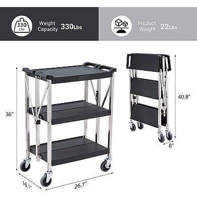 3-Tier Foldable Handcart, PP+Stainless Steel Heavy Duty Trolley with 4 Nylon Casters