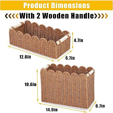 2-Pack Scalloped Wicker Baskets for Organizing, Woven Paper Rope Storage Bins