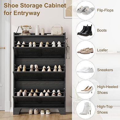 Shoe Cabinet with 3 Flip Drawers, Freestanding Shoe Organizer with 2 Side Hooks