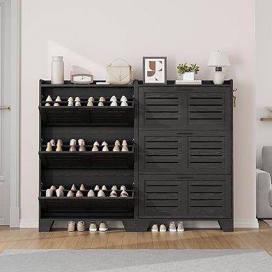 Shoe Cabinet with 3 Flip Drawers, Freestanding Shoe Organizer with 2 Side Hooks