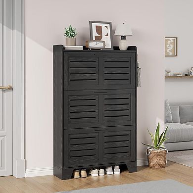 Shoe Cabinet with 3 Flip Drawers, Freestanding Shoe Organizer with 2 Side Hooks