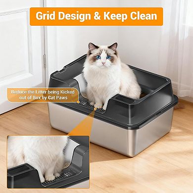Enclosed Stainless Steel Cat Litter Box with Lid, High-Sided for Big Cats, Include Scoop, Easy Clean
