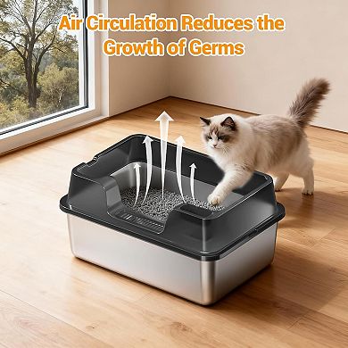Enclosed Stainless Steel Cat Litter Box with Lid, High-Sided for Big Cats, Include Scoop, Easy Clean