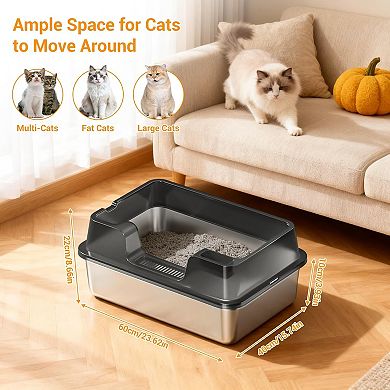 Enclosed Stainless Steel Cat Litter Box with Lid, High-Sided for Big Cats, Include Scoop, Easy Clean