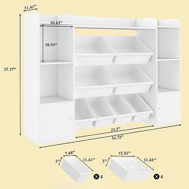 Toy Storage Organizer with 8 Plastic Bins, 2 Cabinets & Open Shelves