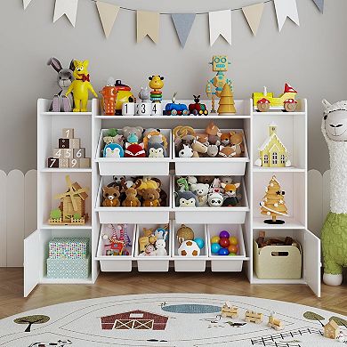 Toy Storage Organizer with 8 Plastic Bins, 2 Cabinets & Open Shelves