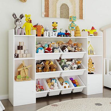 Toy Storage Organizer with 8 Plastic Bins, 2 Cabinets & Open Shelves