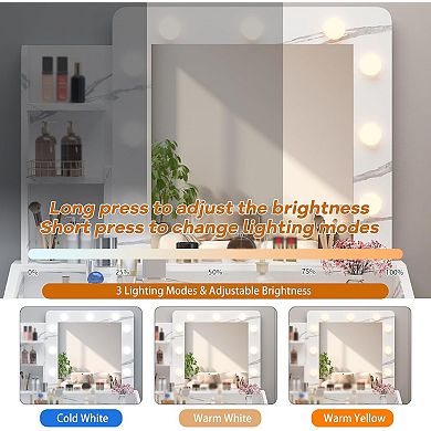Modern Makeup Vanity: LED Mirror, 2 Drawers, 3 Light Modes, Stool