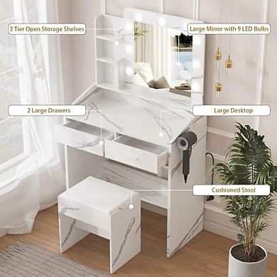 Modern Makeup Vanity: LED Mirror, 2 Drawers, 3 Light Modes, Stool