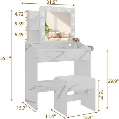 Modern Makeup Vanity: LED Mirror, 2 Drawers, 3 Light Modes, Stool