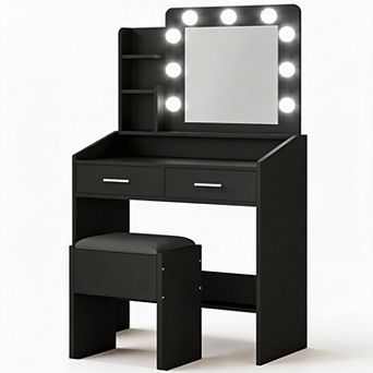 Modern Makeup Vanity: LED Mirror, 2 Drawers, 3 Light Modes, Stool