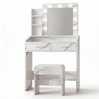 Modern Makeup Vanity: LED Mirror, 2 Drawers, 3 Light Modes, Stool