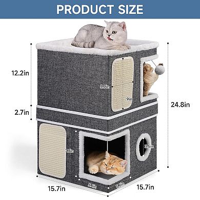Cat Cave Bed Large Indoor Foldable House 30lbs Capacity Reversible Cushions All Seasons Grey
