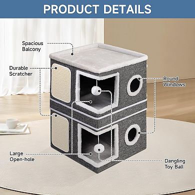 Cat Cave Bed Large Indoor Foldable House 30lbs Capacity Reversible Cushions All Seasons Grey