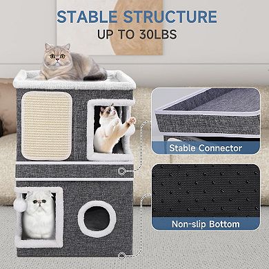 Cat Cave Bed Large Indoor Foldable House 30lbs Capacity Reversible Cushions All Seasons Grey
