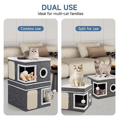 Cat Cave Bed Large Indoor Foldable House 30lbs Capacity Reversible Cushions All Seasons Grey