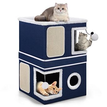 Cat Cave Bed Large Indoor Foldable House 30lbs Capacity Reversible Cushions All Seasons Grey