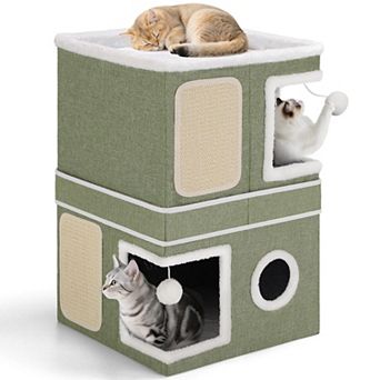 Cat Cave Bed Large Indoor Foldable House 30lbs Capacity Reversible Cushions All Seasons Grey